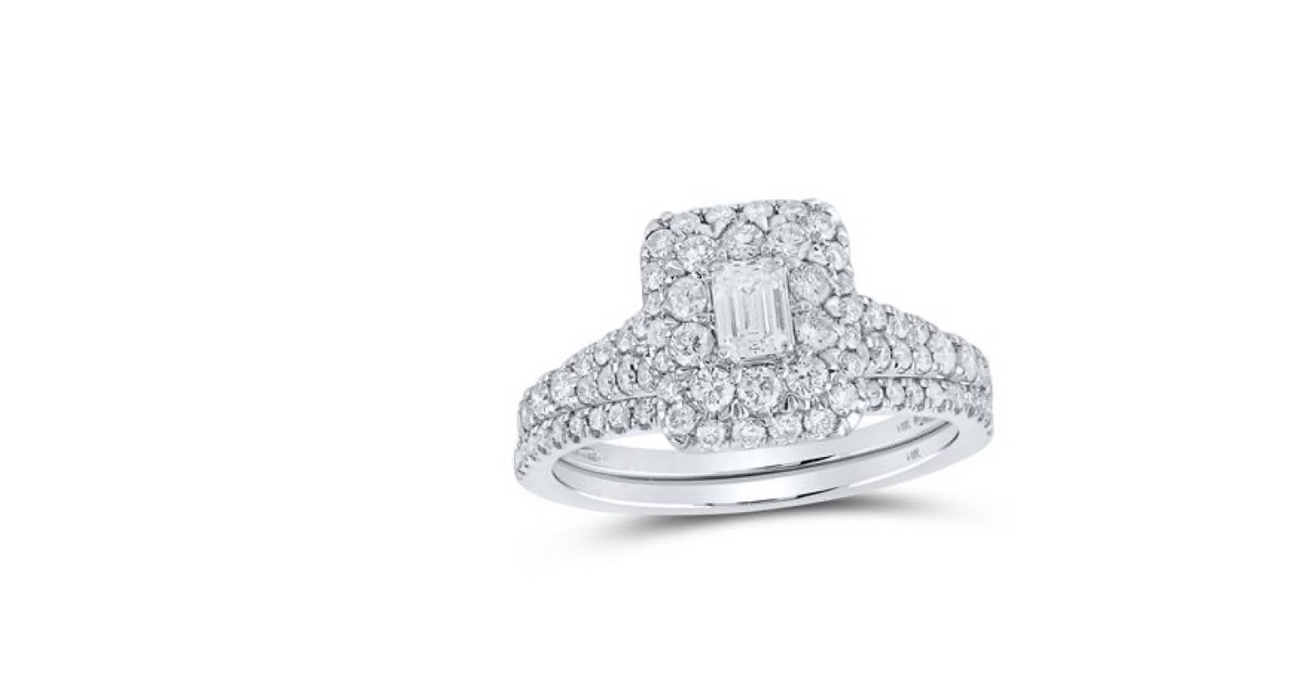 14K Emerald Halo Bridal Wedding Ring Set