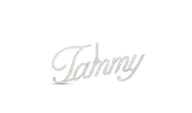 A 10K yellow gold pendant with the name 'Tammy' written in a decorative script, adorned with diamonds.