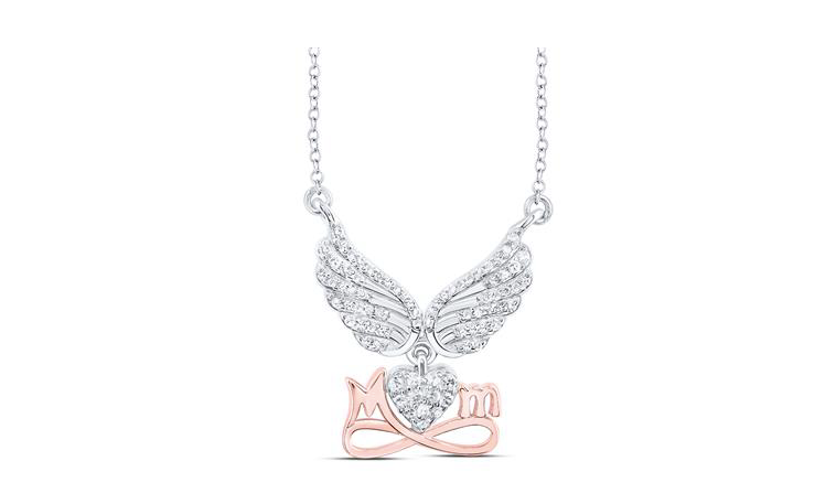 Sterling Silver 1/4 Cttw Diamond Heart Wing MOM Necklace