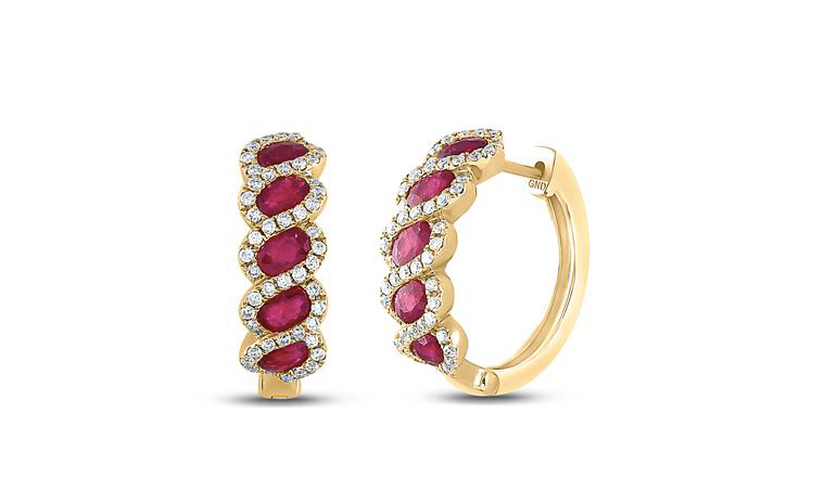 18K Rose Gold Natural Ruby Diamond Hoops