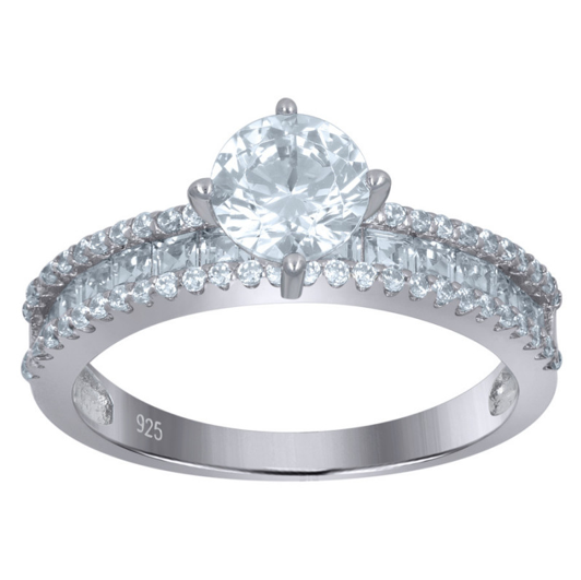 Sterling Silver White Sapphire Solitaire Baguettes Ring