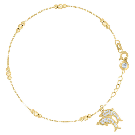 14K Yellow Gold Diving Dolphins Beaded Bracelet