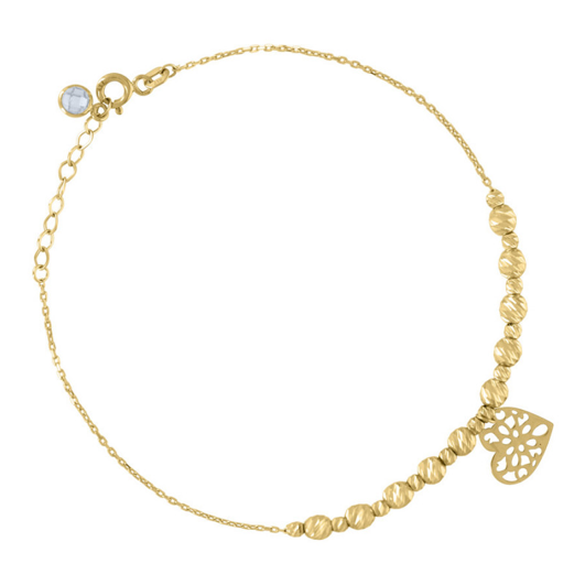 10K Heart Diamond-Cut Beaded Charm Bracelet