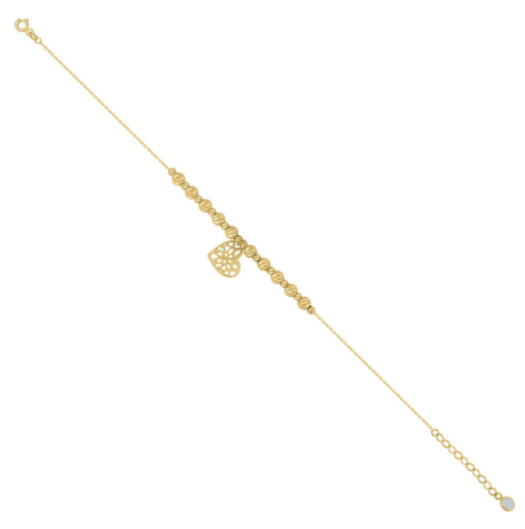 10K Heart Diamond-Cut Beaded Charm Bracelet