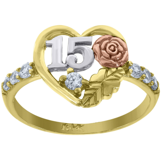 14K Yellow Gold 15 Anos Rose Heart Quinceanera Ring