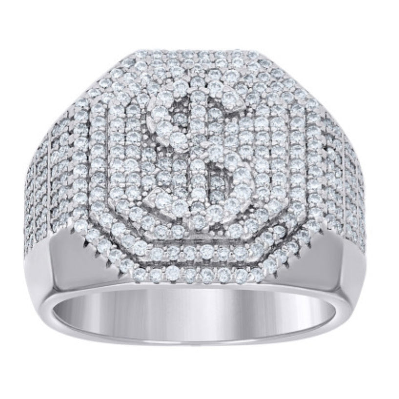 Sterling Silver Octagon Dollar Sign Moissanite Ring
