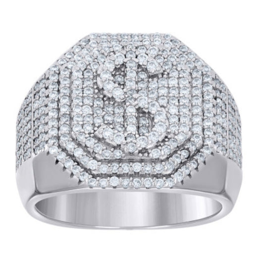 Sterling Silver Octagon Dollar Sign Moissanite Ring