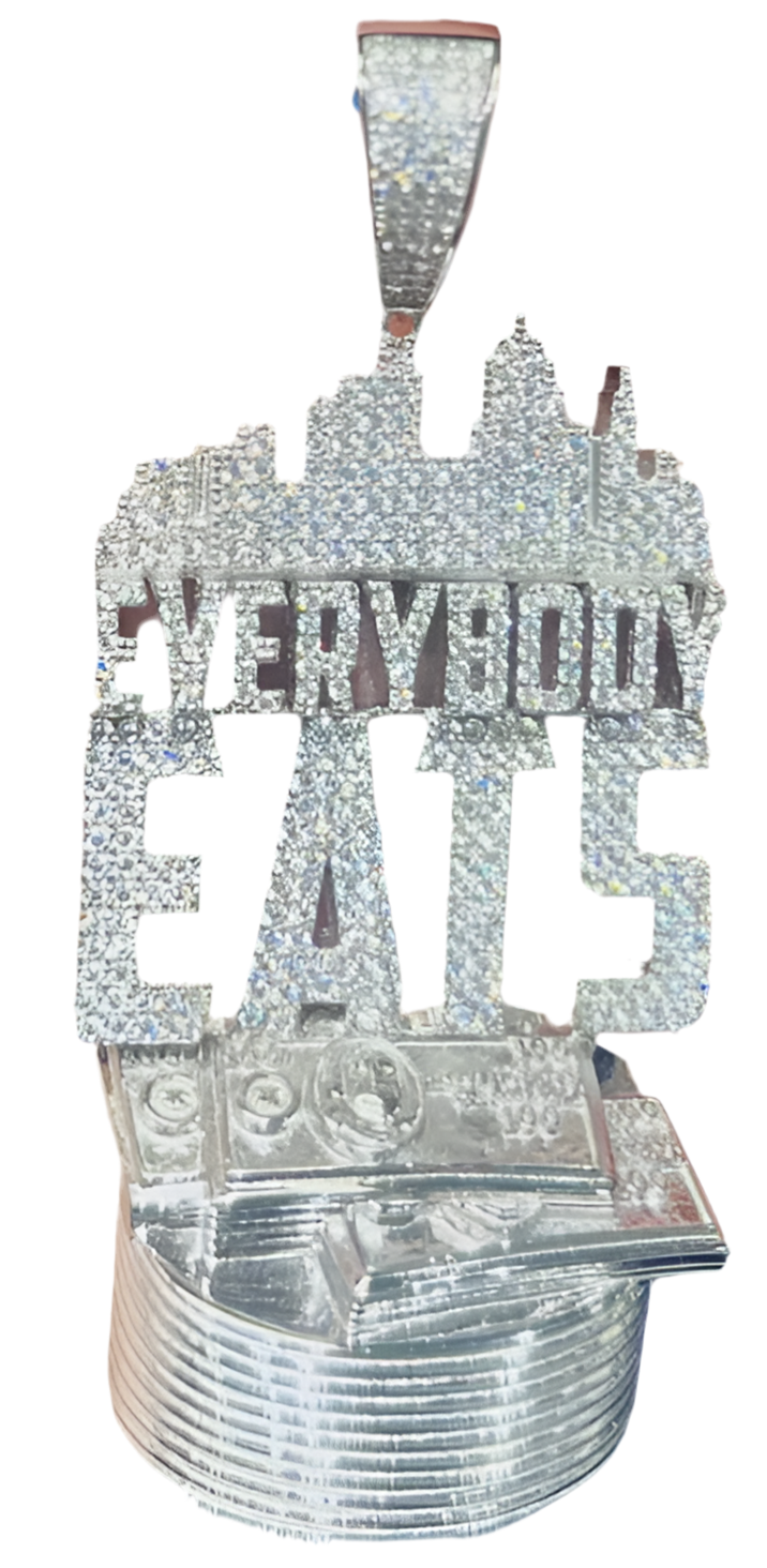 Sterling Silver Moissanite Everybody Eats Iced Out Charm