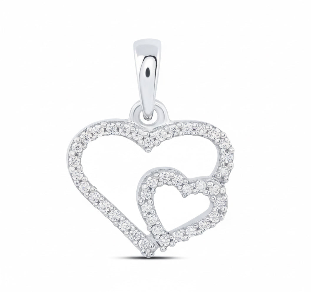 Silver heart-shaped pendant with embedded diamonds on a white background