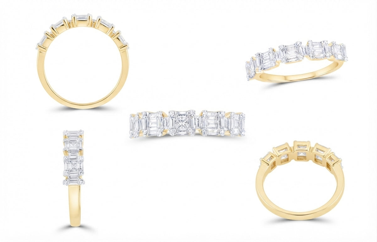 Side view of 1/2 CTW natural diamond emerald band in 14K gold