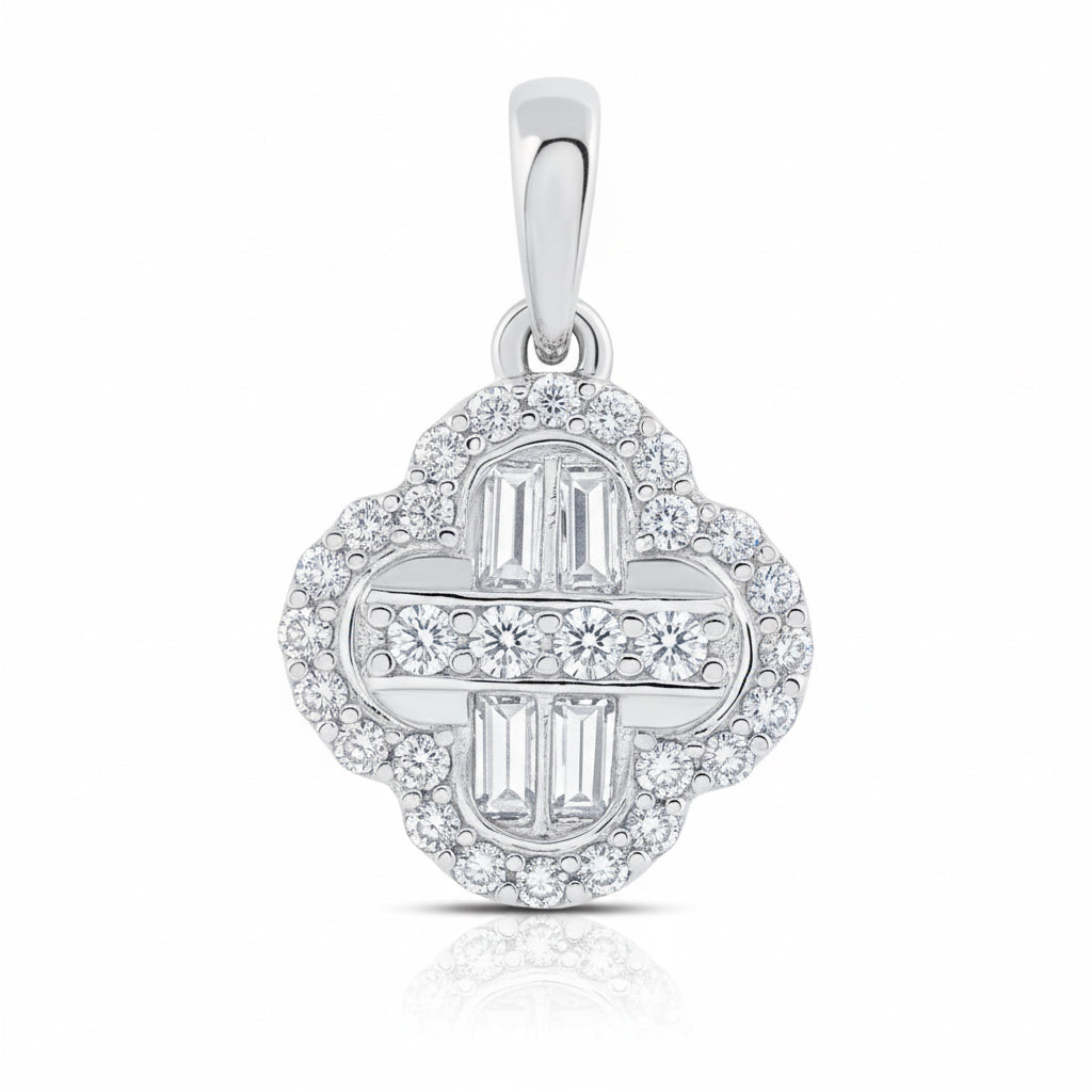 1/3 CTW natural diamond clover baguette pendant in 10K white gold