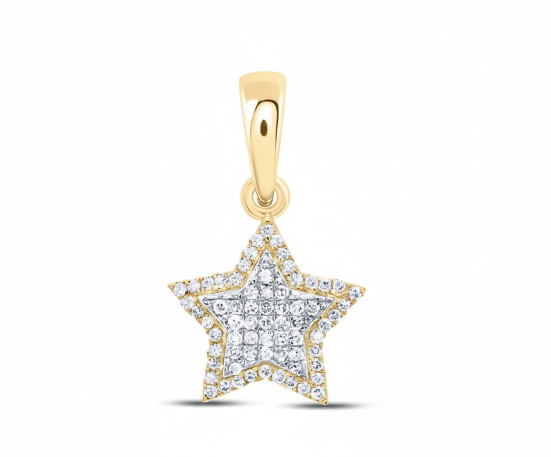 Gold star-shaped pendant with diamond accents on a white background