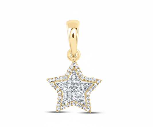 Gold star-shaped pendant with diamond accents on a white background
