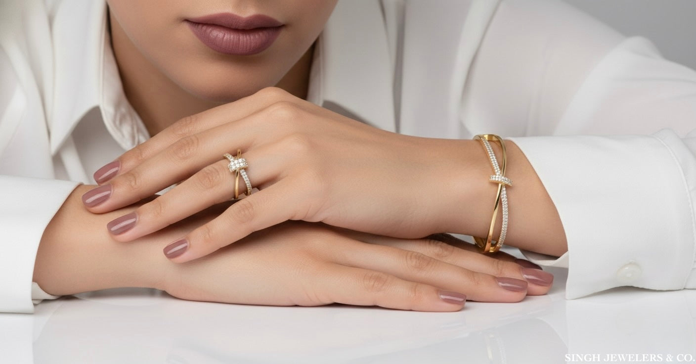 14k yellow gold diamond ring on woman 