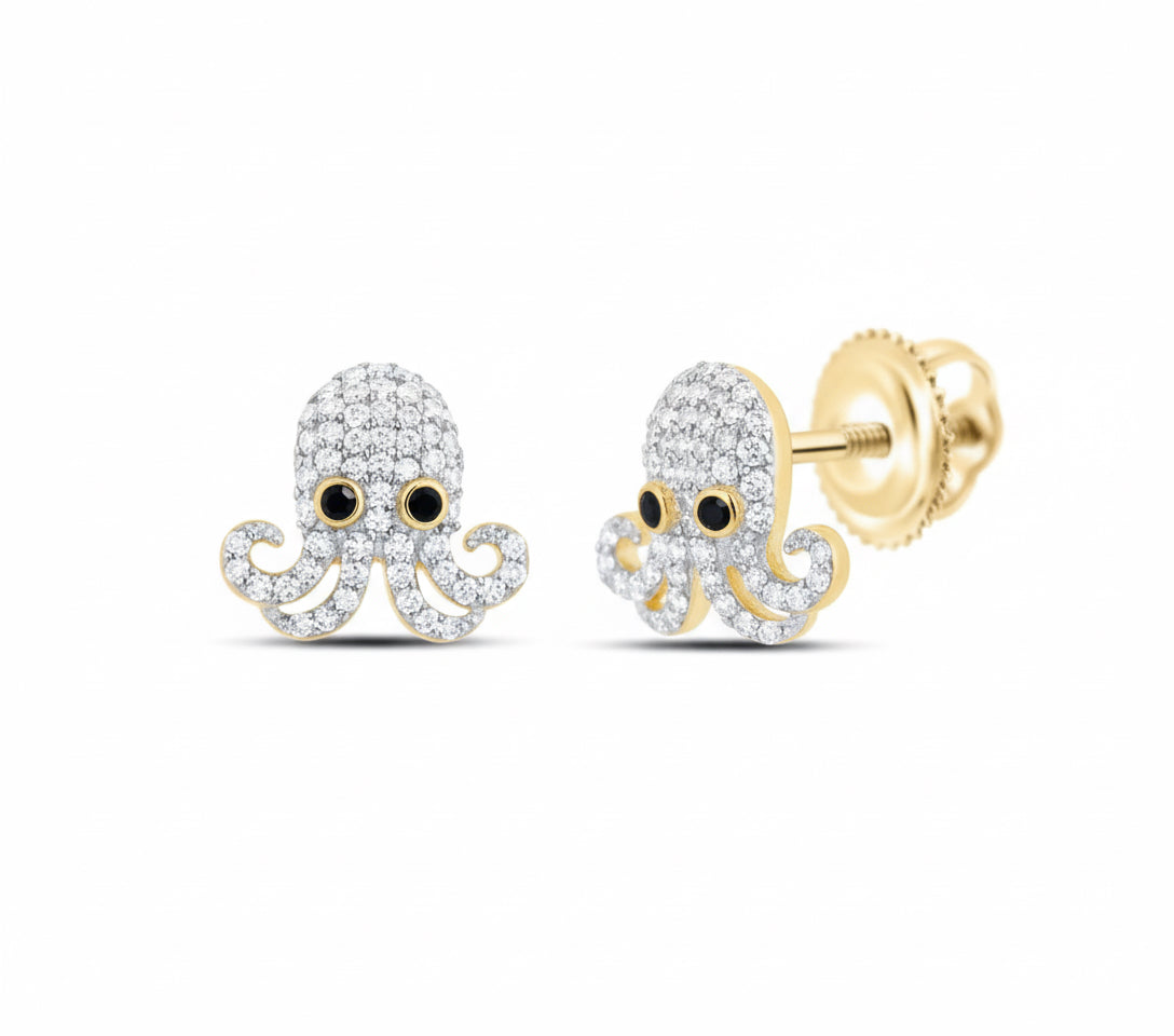 Octopus-shaped earrings with diamond accents on a white background