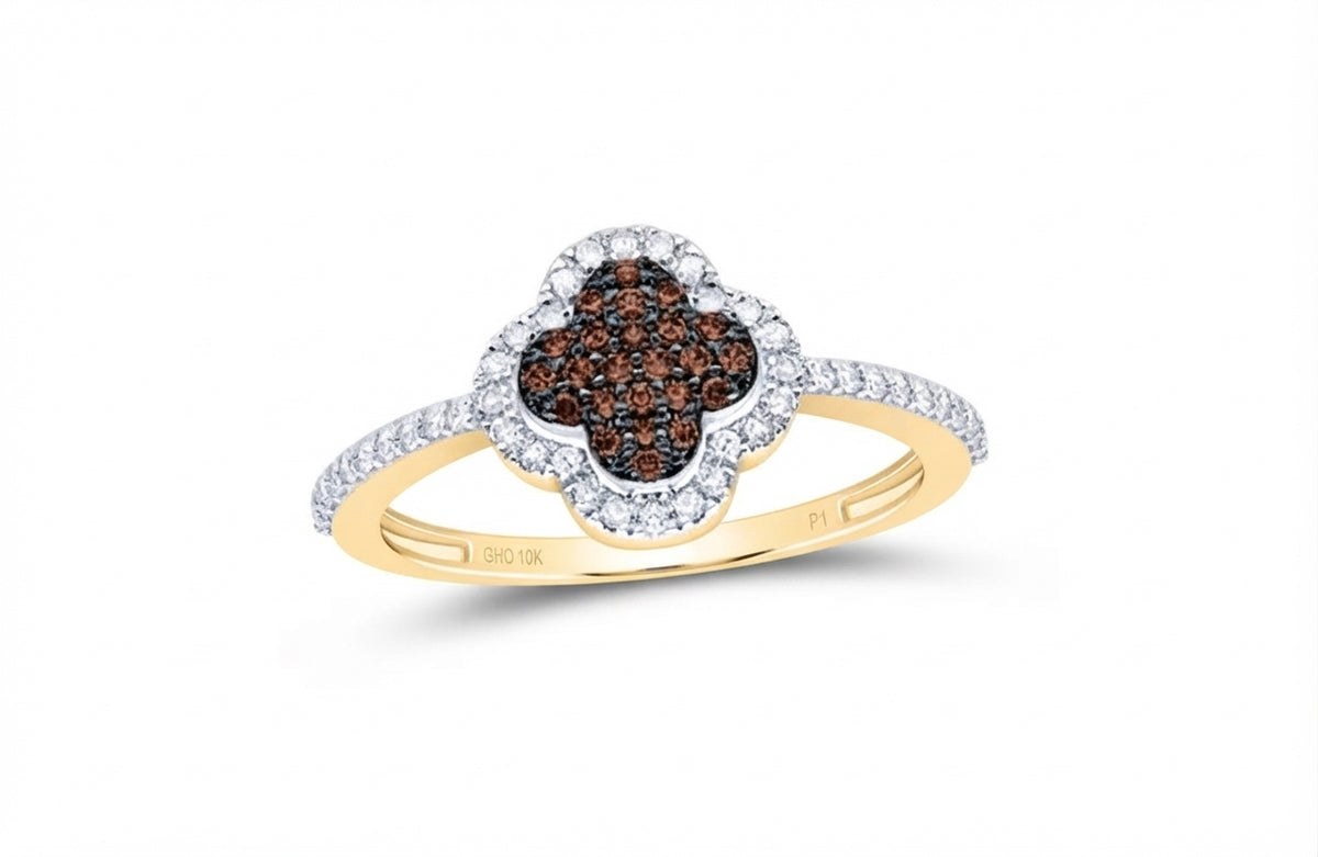 1/4 CTW natural cognac diamond clover ring in 10K gold