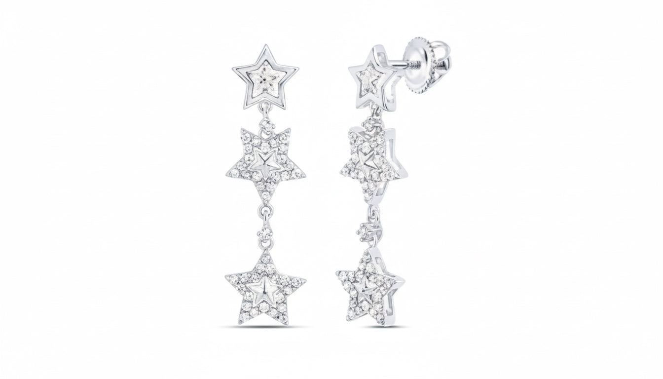 10k star dangling earrings with 1/4 cttw natural diamonds, elegant design for everyday wear.