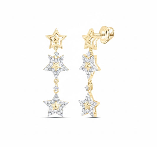 10k star dangling earrings with 1/4 cttw natural diamonds, elegant design for everyday wear.