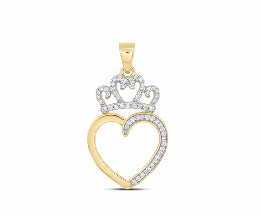 Gold pendant with heart and crown design on a white background