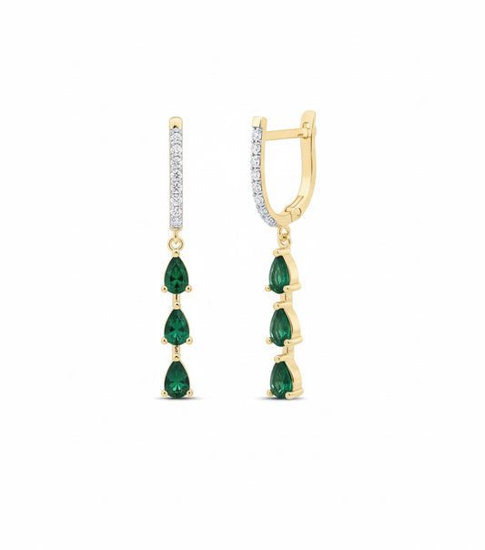 1/5 CTW natural diamond and 1 CTW princess-cut emerald dangling earrings in 14k yellow gold