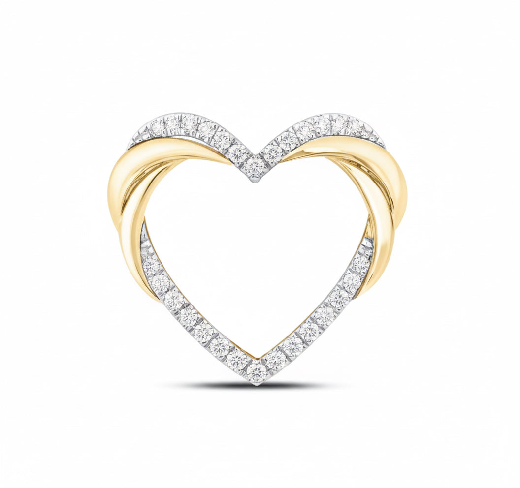 Heart-shaped diamond ring with gold and silver bands on a white background