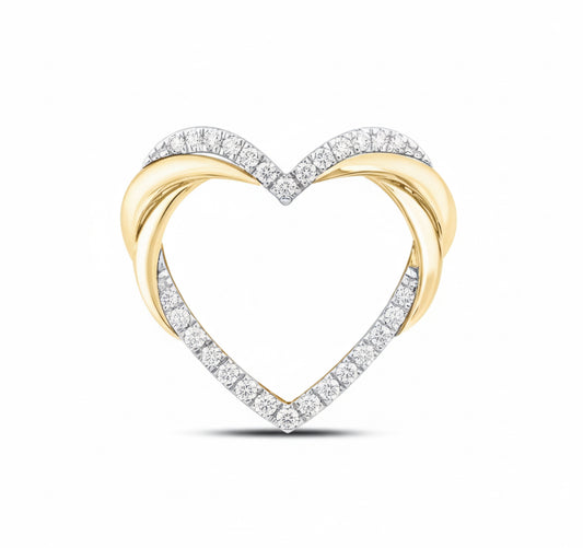 Heart-shaped diamond ring with gold and silver bands on a white background