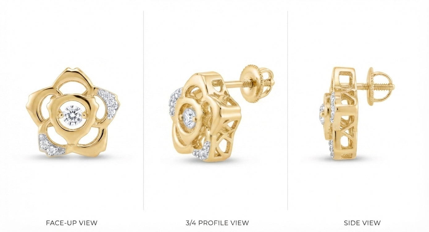 Close-up of natural diamonds on 14K yellow gold twinkle flower earrings