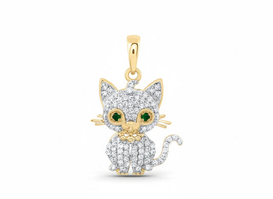 1/6 CTW natural diamond cat pendant in 10K gold with emerald accent