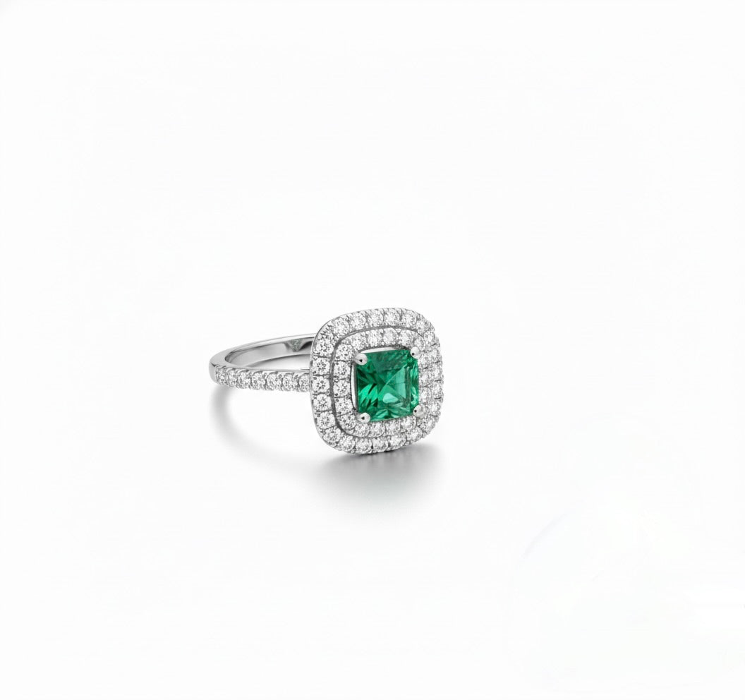 Front view of 1.65 CT green moissanite sterling silver ladies ring