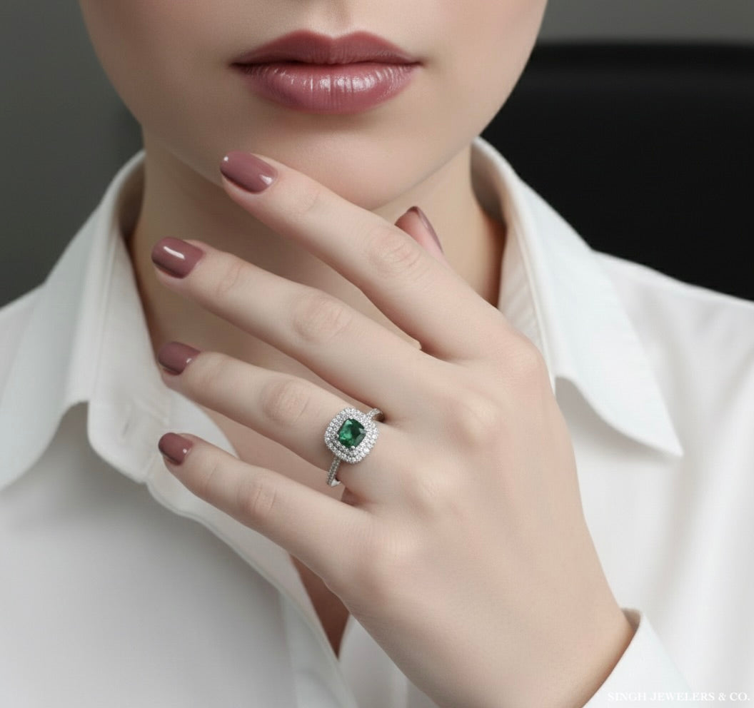 Close-up of 1.65 CT green moissanite sterling silver ladies ring