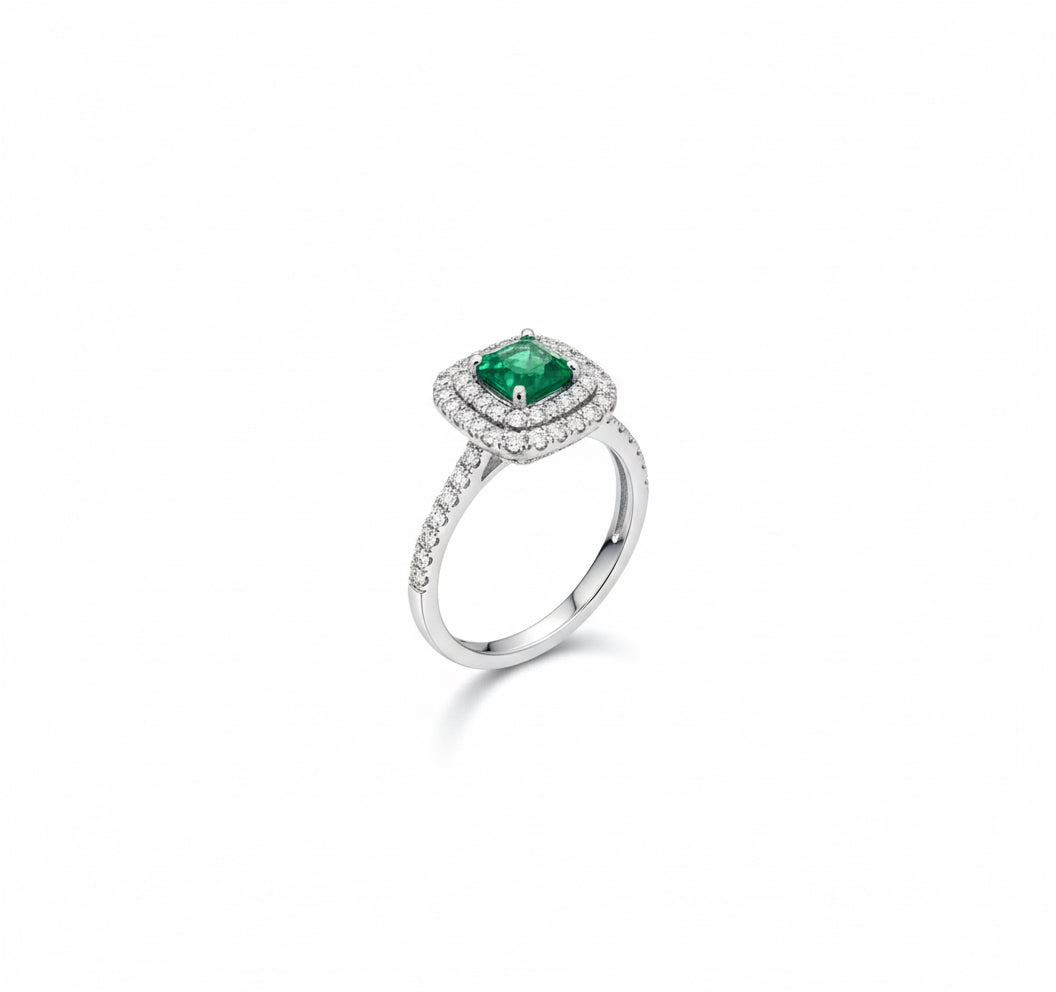 Close-up of 1.65 CT green moissanite sterling silver ladies ring