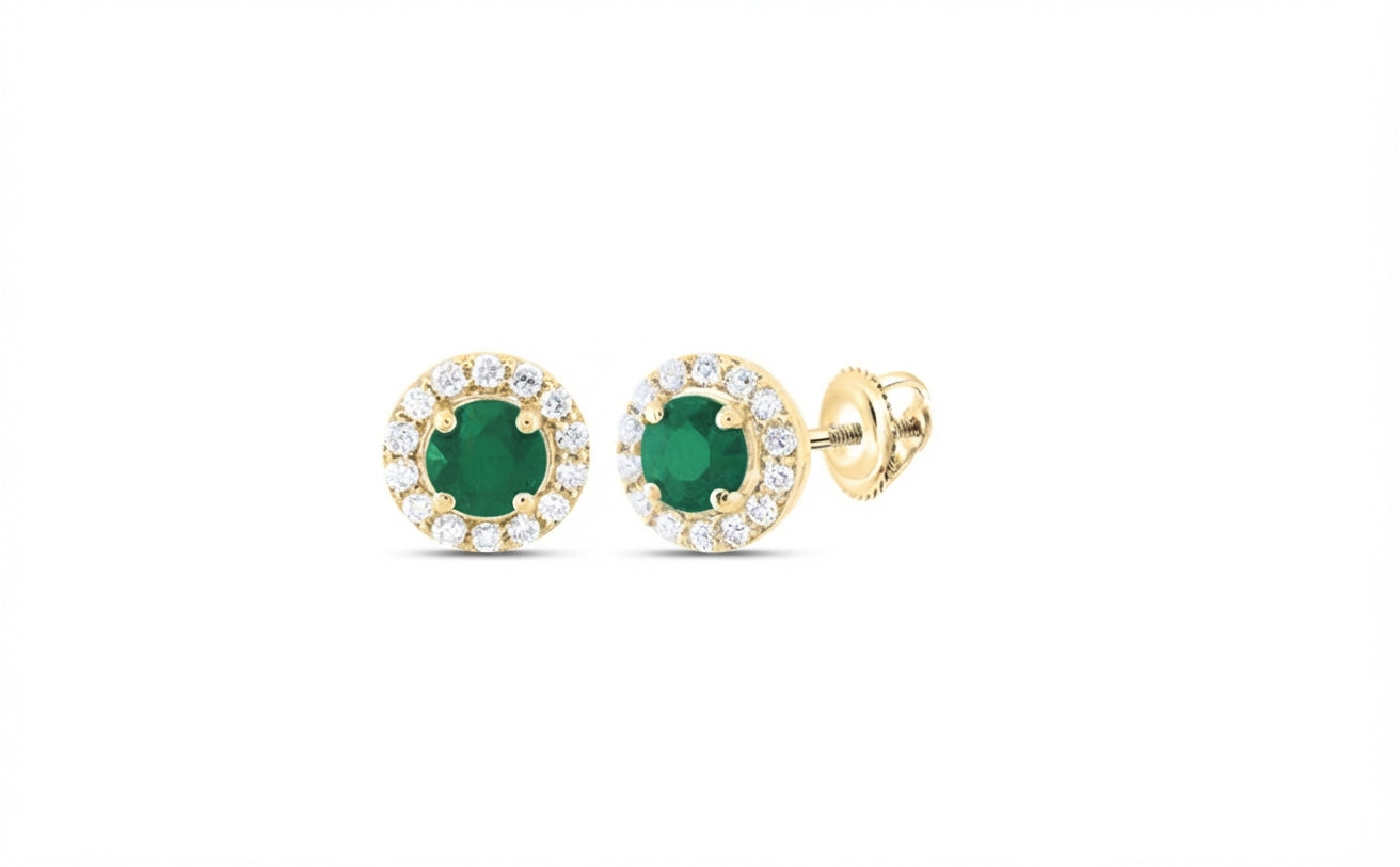 1/8 CTW natural diamond and 3mm natural emerald round earrings in 18K yellow gold