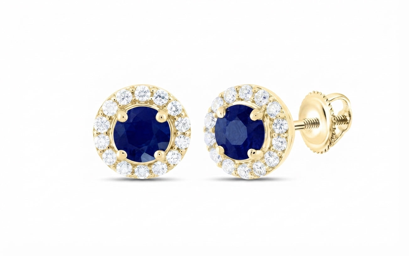  1/8 CTW natural diamond and 3mm blue sapphire round earrings in 18K yellow gold