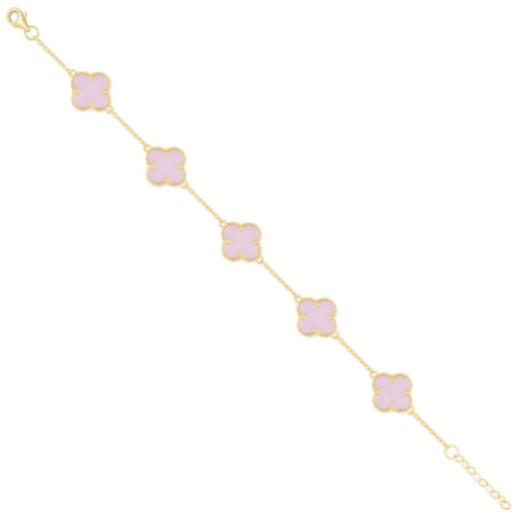 10K Yellow Gold Clover Pink Paper Clip Link Bracelet