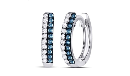 Front view of 10K blue diamond huggie earrings with 1/5 Cttw total carat weight, elegant design for women