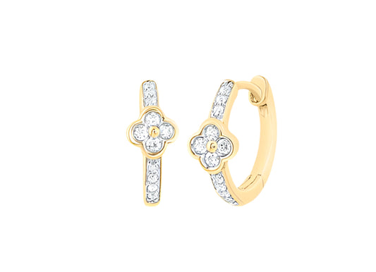 10k gold clover diamond hoop earrings 1/10 Cttw