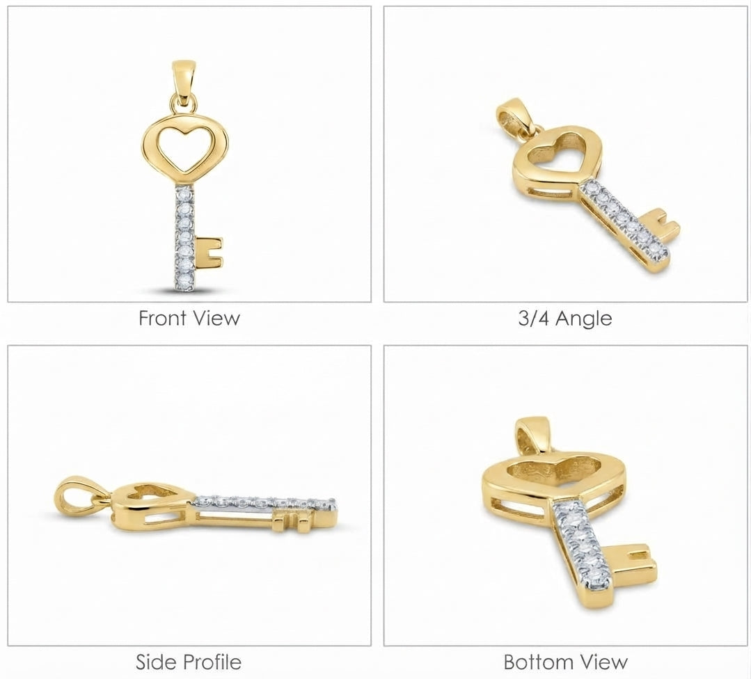 10K yellow gold diamond key heart pendant with 1/20 CTTW round diamond