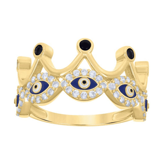 10K gold evil eye crown ring with black and blue enamel, featuring sparkling cubic zirconias