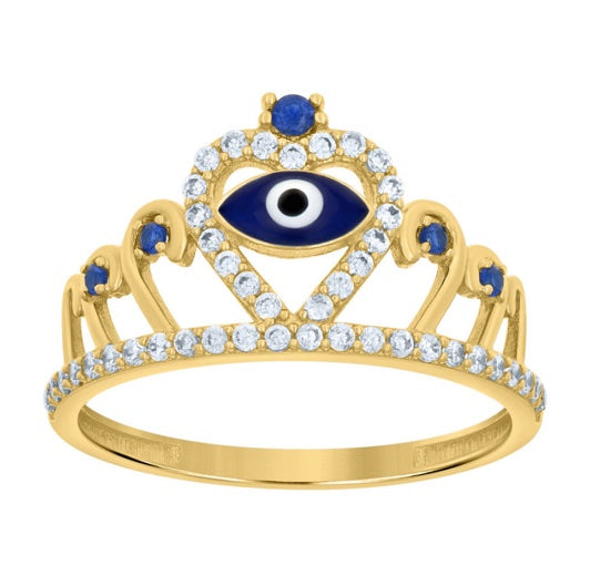 10K evil eye crown ring with white sapphires, size 7