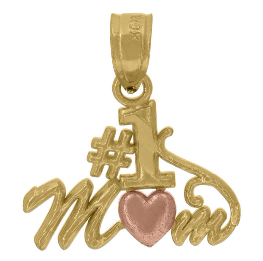 Front view of 10K gold #1 Mom charm with rose gold heart