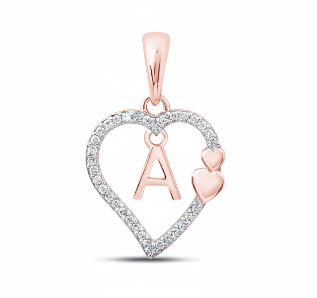 10k gold letter A heart pendant with 1/10 CTTW round diamonds – chain not included