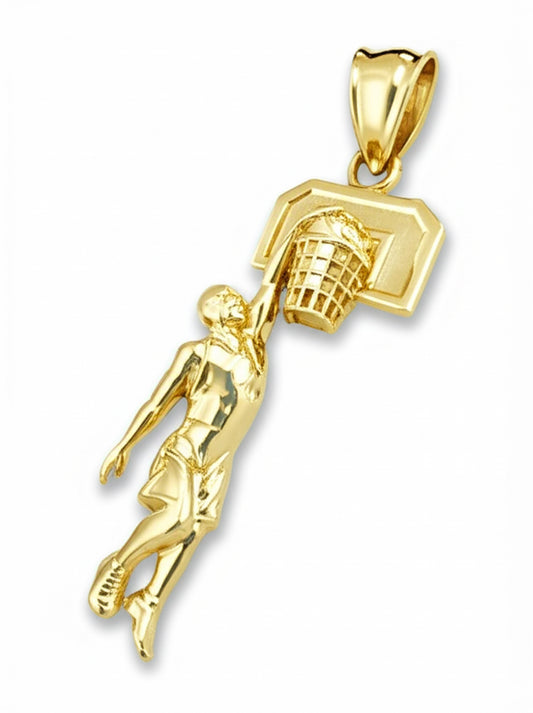 10K gold charm of basketball player dunking – detailed pendant for chains