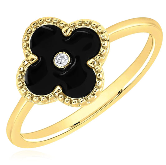 10K yellow gold ring with black enamel clover and 1/12 CTTW diamonds
