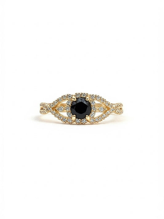 10k gold black & white sapphire criss cross ring, elegant engagement band