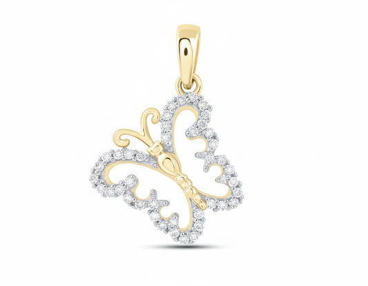 Gold and silver butterfly-shaped pendant on a white background