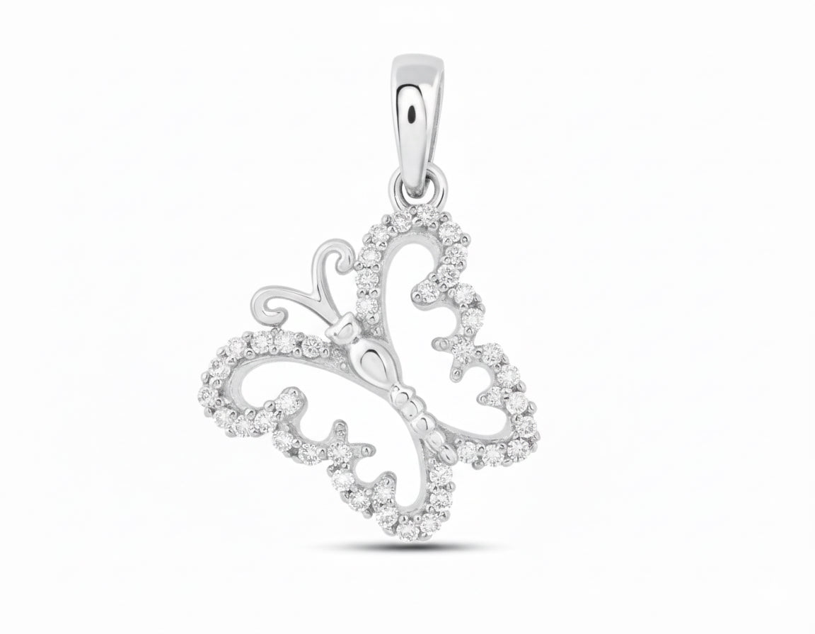 Silver butterfly pendant with clear stones on a white background