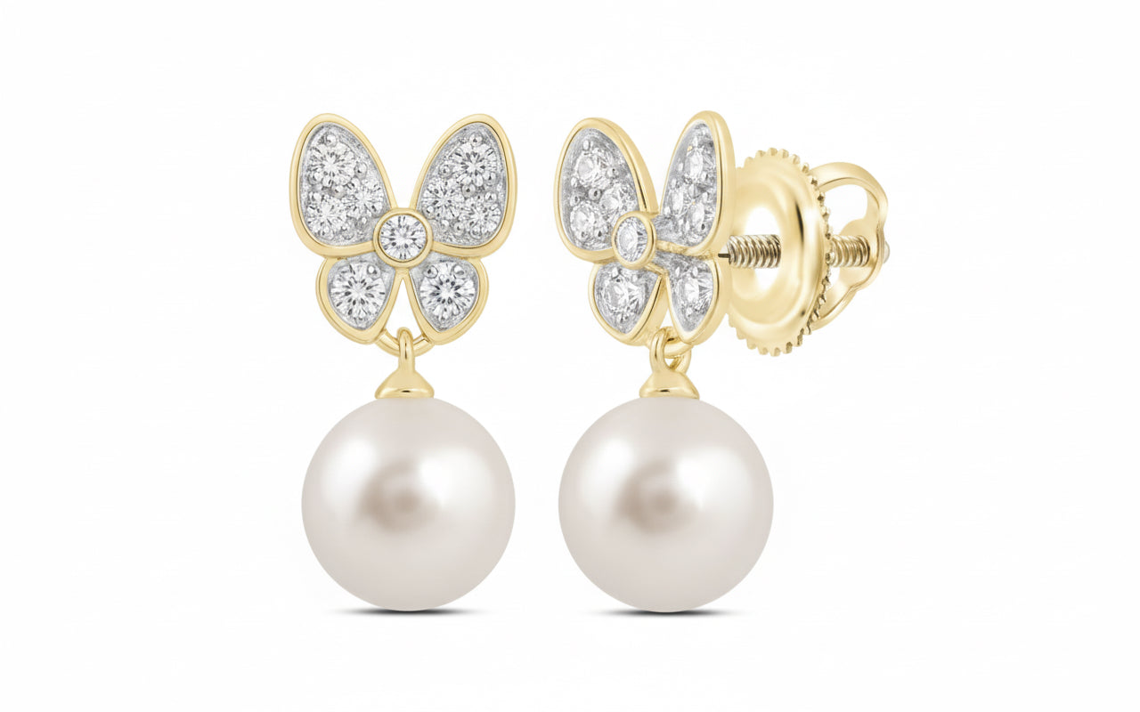 10K gold butterfly earrings with 1/10 CTW diamonds and 6mm pearls