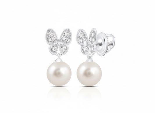 10K gold butterfly earrings with 1/10 CTW diamonds and 6mm pearls