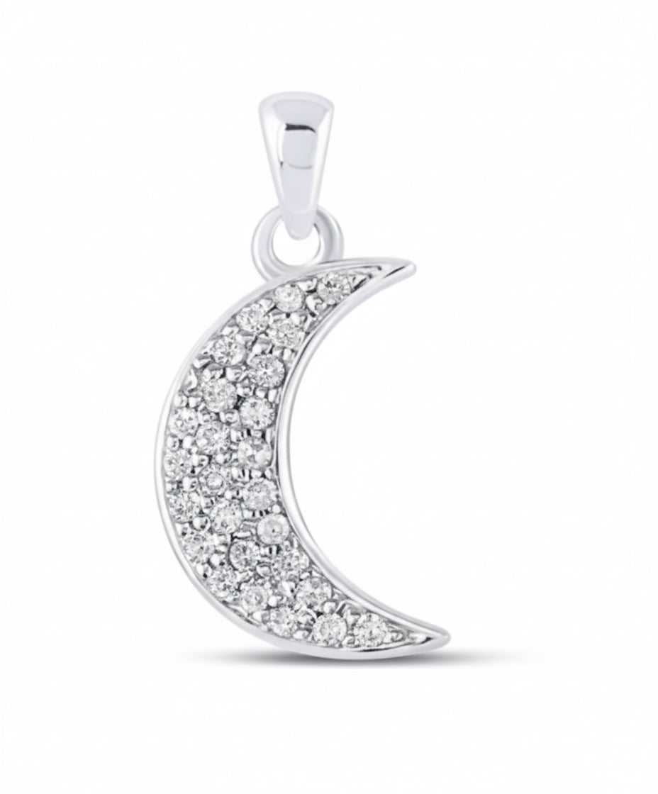 10k white gold crescent moon pendant with diamonds