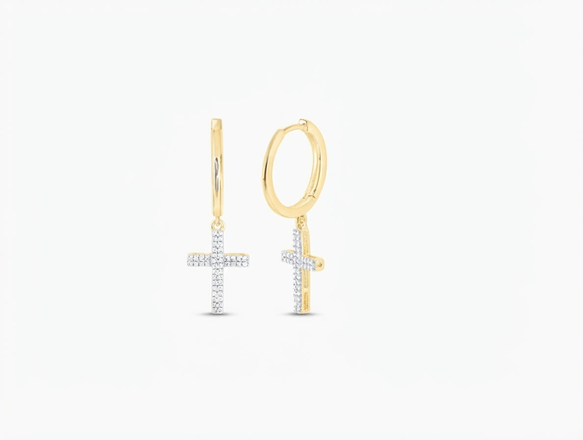 10K gold cross dangle earrings with natural diamonds